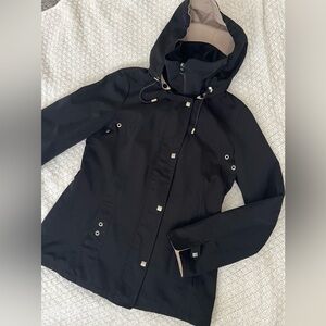Jones New York Coat Anorak Black Tan Lined Detachable Hood Short Coat SZ:XS-S